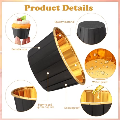 Image of 300 Pack Black Gold Cupcake Liners Bulk Disposable Foil Muffin Cup