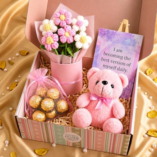 Image of Rakhi Pink Gift Basket Set For Women - Gift With Teddy Bear , Crochet Flower Bouquet, Chocolates and Inspirational Card, Romantic Gift Box for Wife, Girlfriend, Mom, Sister, Behen, Cousin, Raksha Bandhan