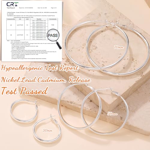PABBEU S925 SterlingSilver Hoop Earrings Hypoallergenic Silver Hoop Earrings for Women Lightweight Large Sterling Silver Hoops Earring 30/50/70mm 6