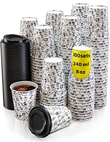 CupCup 200 Gobelets Carton pour Café à Emporter - Tasse Café 240ml avec Couvercles et Agitateurs en Bois pour Servir le Café, le Thé, des Boissons Chaudes...