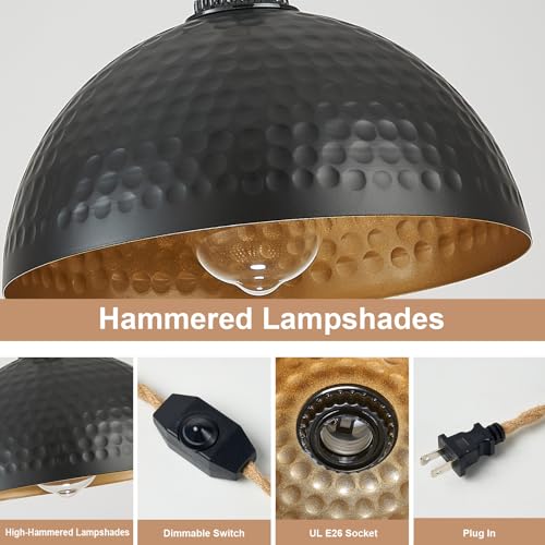 Image of Plug in Pendant Lights Hammered Dome Hanging Lamp with Dimmable Switch 15 Ft Long Hemp Rope Farmhouse Pndant Light Cord Lighting Fixture DIY Hanging Light
