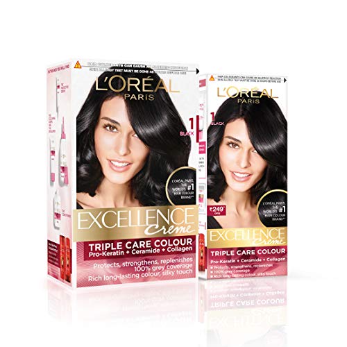 Image of L'Oreal Paris Excellence Creme Hair Color, 1 Black, 222g (172ml+50ml) - Combo pack of 2