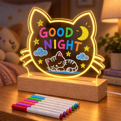 Gifts for Women Men Girls-Personalized DIY Night Light Message Board with Erasable Pen,Room/Home/Office Décor,Best Gift for Mother’s Day/Father’sday/Birthday/Wedding/Anniversary (Light-Wooden-cat)