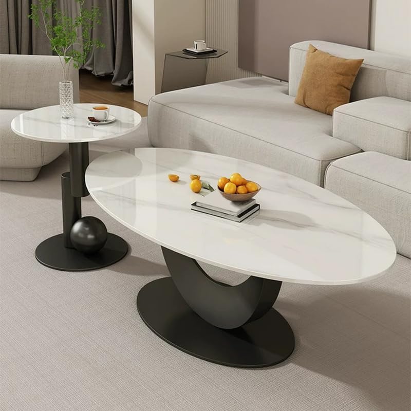 LITFAD Living Room Table Modern Oval Sintered Stone Coffee Table Metal Base Center Table Tea Table Home Furniture, Matte White 39" L x 22" W x 17" H