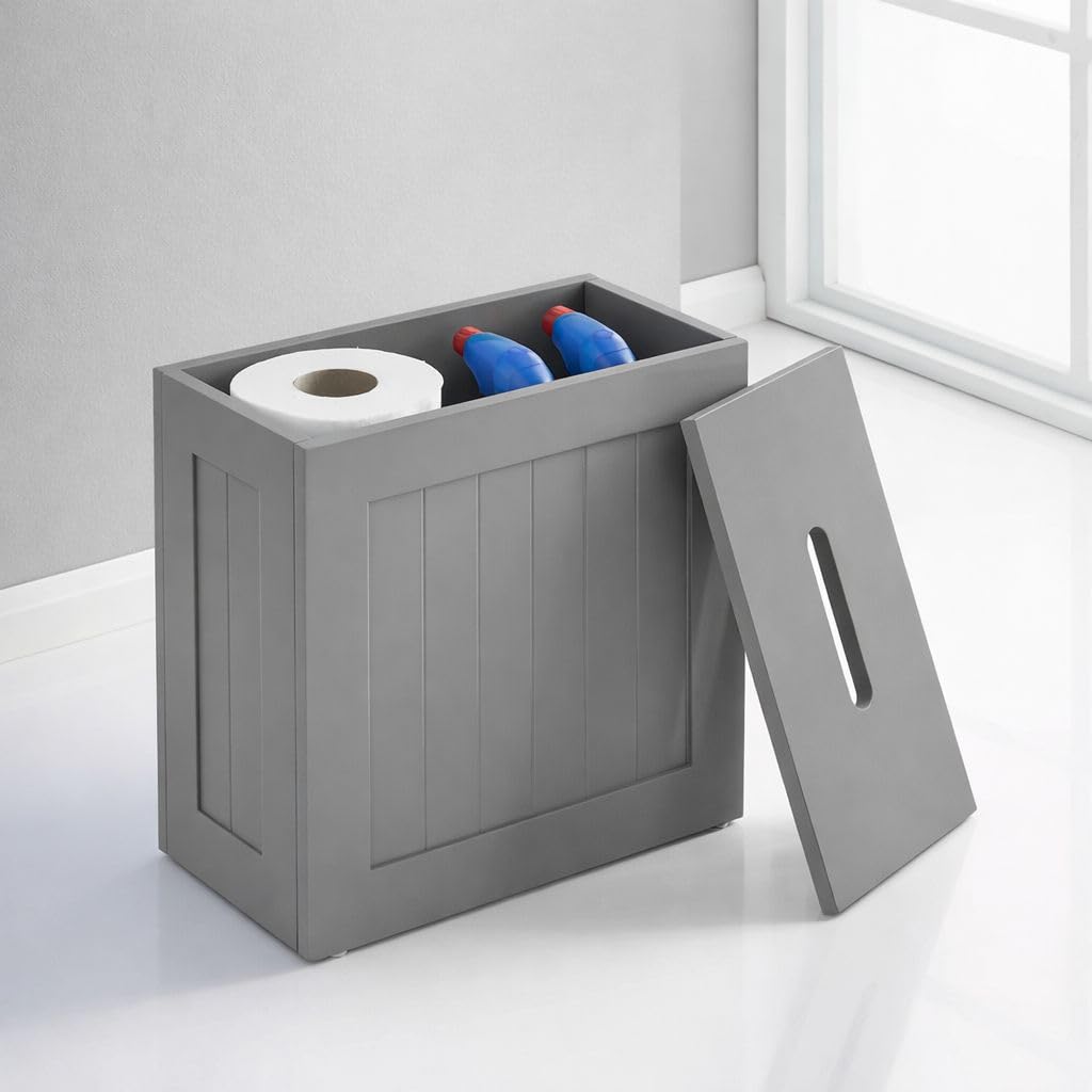 FAHD TRADERS | Slimline Freestanding Wooden Bathroom Storage Unit | Space Saving Cleaning Tidy Cabinet | Multi-Purpose Bathroom Organiser Box (W37 x D17 x H33cm) (Grey)