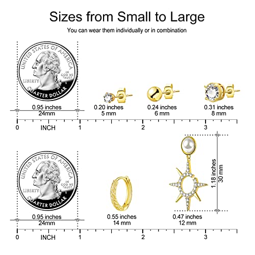 Roslynd Multiple Studs Earrings And Hoops Set | Mini 14K Gold Plated Dangle Huggies Hoop And Studs Earring Set For Women Girls, Small Cz Ball Stud Hoop Earrings Set For Multiple Piercing (5 Pairs) #TOP4