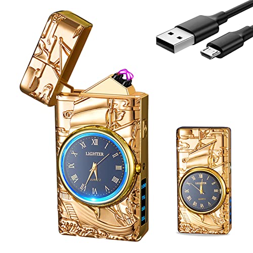 RSBYE Elektrische Aansteker, USB Aansteker, Aanstekers Elektrisch Oplaadbaar, Plasma Anstekers met Dubbele Boog, Aanstekeres voor Dames en Heren met geschenkverpakking (Goud, Boot)