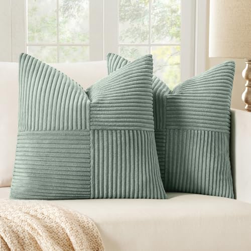 Image of MIULEE Greyish Green Decorative Throw Pillow Covers 18x18 Inch for Couch Bed Sofa Pack of 2 Boho Farmhouse Throw Pillows Soft Cross Corduroy Patchwork Textured Cushion Cases