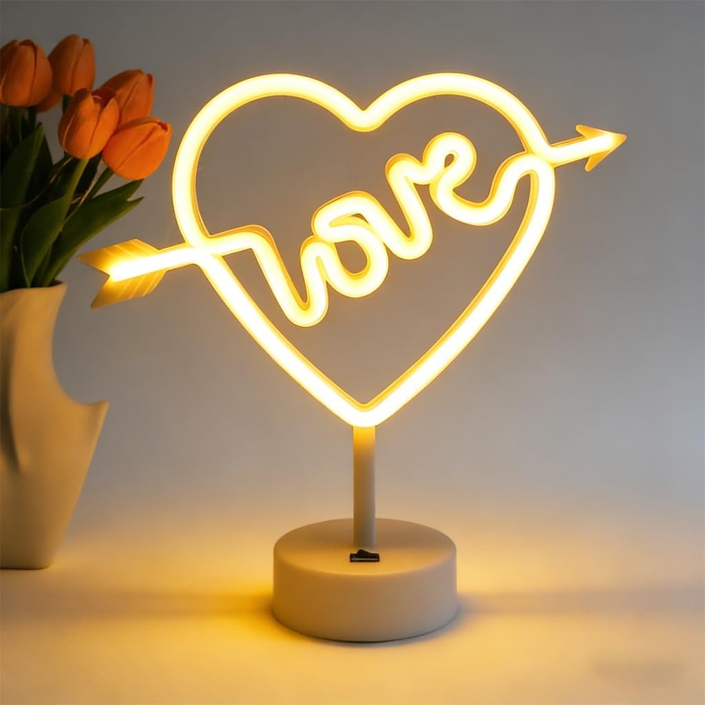 LOVE Heart Shaped Neon Night Light - USB/Battery Operated, Switch Control Desk Lamp for Bedroom Living Room Decor Gift ,Valentine's Day Wedding Party Decor Gifts for Women Friends Kids (Warm Love)