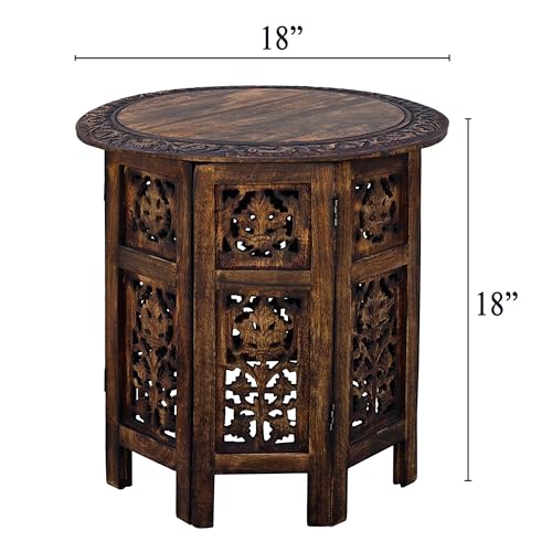 TUP THE URBAN PORT 18 Inch Mango Wood Folding Accent Table, Hand Carved, Walnut Brown