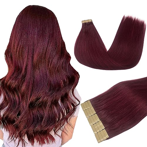 DOORES Tape in Hair Extensions, 18 Inch 50g 20pcs Burgundy, Real Human Remy Straight Hair, Invisible Tape Extensions with Thick Ends