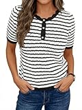 Saodimallsu Womens Short Sleeve Sweaters Striped Henley Knit Shirts Casual Summer Crochet Lightweight Pullover Tops Black