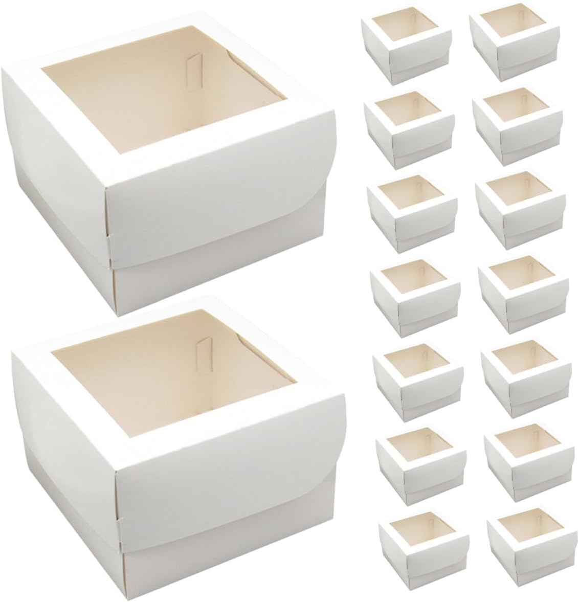 25pcs Small Cake Packaging Boxes with Window, Food-grade 350g White Cardboard, 4-inch Square Pastry Containers with Paper Trays for Bakery, Desserts, and Cupcake Storage