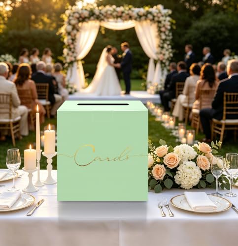 Image of HEIPINIUYE Sage Green Wedding Card Box with Gold Foil 9.8 inch x 9.8 inch Green Large Gift Card Box for Party Wedding Reception Graduation Birthday Baby Shower Cardboard Raffle Envelope Box with Slot