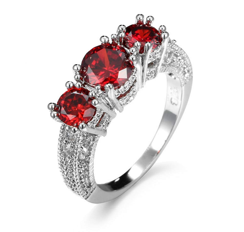 Zhiwen Women Fashion Round Cut Three-Stone Ruby Diamond Ring Cubic Zirconia Engagement Wedding Jewelry Size6-10 (US Code 8)