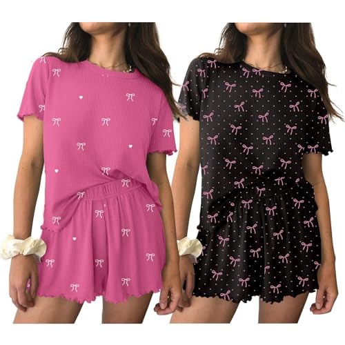 Image of Ekouaer 2 Packs Women Pajama Set Short Sleeve Sleepwear Soft Top and Shorts | Casual Pjs Outfits Ribbed Knit Lounge Set with Pockets