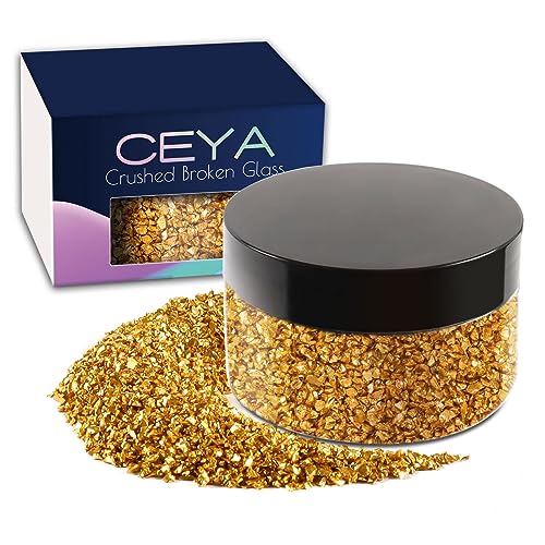 Ceya 5.3oz/ 150g Crushed Irregular Glass Gold Metallic Crystal Chips Broken Glass Glitter 2-4mm Craft Chunky Glitter for Nail Arts Epoxy Resin Mold Coasters Ornament Painting Geode Phone Case Jewelry