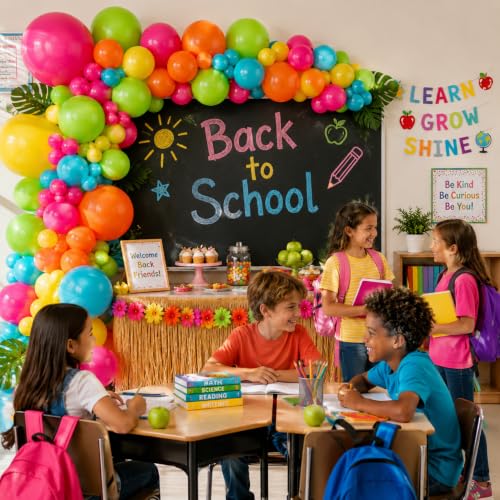 Image of 141 Pcs Rainbow Neon Balloon Arch Kit, Hot Pink Lime Green Orange Slate Blue Yellow End of Summer Tropical Balloon Garland for Hawaiian Luau Aloha Birthday Pool Back to School Party Decorations
