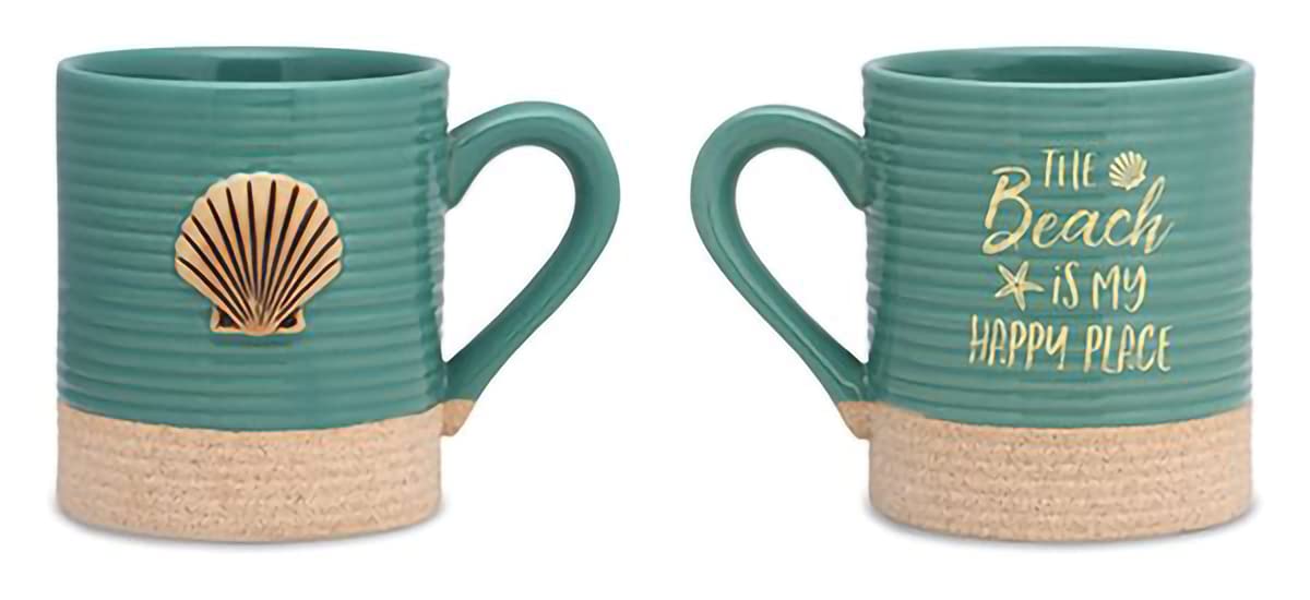 Cape Shore Decorative Sandy Coffee Tea Mug Cup, Scallop - The Beach is My Happy Place, Gifts for Birthday Christmas, 15 Oz, Blue Green