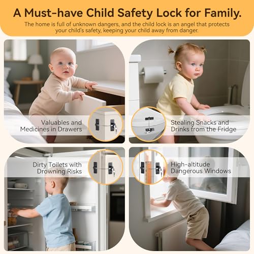 2 Pack Refrigerator Door Lock with Adhesive, No Tools Required, Child Proof Fridge Door Lock for Kids and Pets, Self Adhesive Latch for Freezer, Cabinets, Drawers, Windows (Patent)