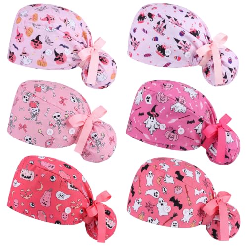 Image of HooLing 6 Pcs Scrub Caps for Women Nursing Hat with Button | Adjustable Tie Back Working Cap Bouffant Scrub Hats