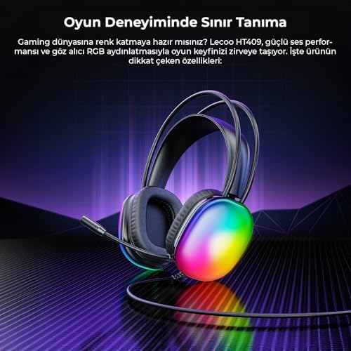 Lecoo HT409 USB Kablolu RGB LED Aydınlatmalı Mikrofonlu Kulak Üstü Gaming Kulaklık Siyah - Görsel 2