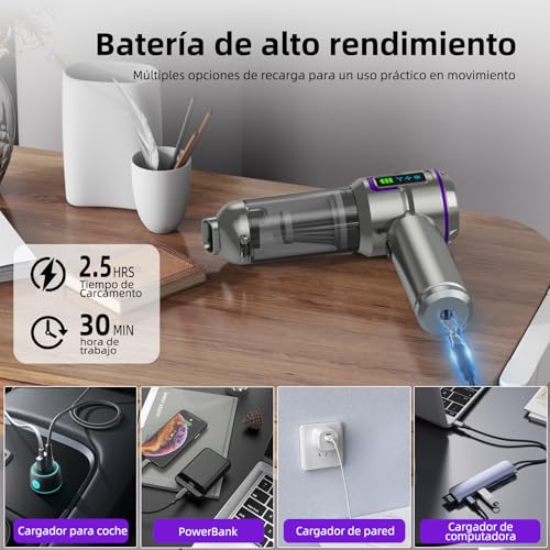 Miniatura 5 de Botatio Aspirador De Mano, 25000pa 4 En 1 Aspiradora Sin Cable, Descarga De Polvo Auto-Aspirador Con Un Toque, Motor Sin Escobillas, 3 Niveles De Succión, Para El Hogar Oficina Coche Pelo, Plateado