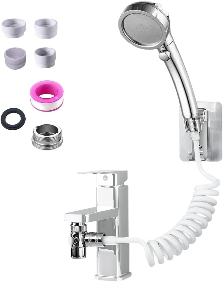 Sink Faucet Sprayer Attachment, Universal 5-Adapter Kit with On/Off Switch and 3 Spray Modes, Retractable Hose Sprayer for Kitchen Sink, Pet Washing, and Bathroom Cleaning