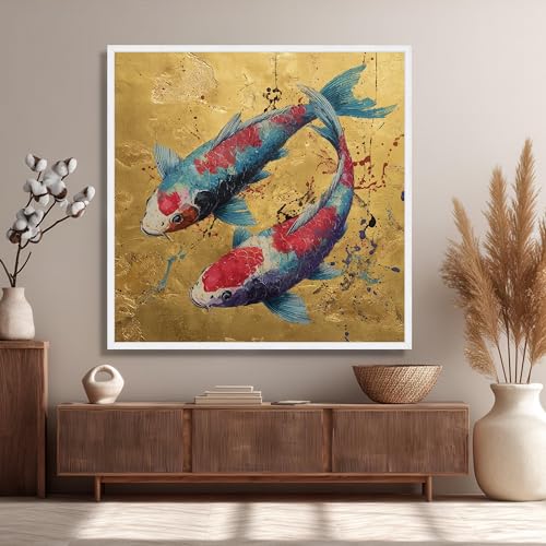 Tableau carpe koï 60x60 cm sur fond doré style peinture japonaise - 3