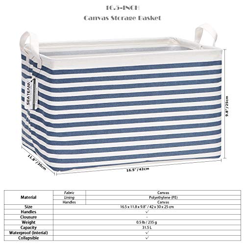Sea Team Collapsible Canvas Fabric Storage Basket With Handles, Rectangle Waterproof Storage Bin, Box, Cube, Foldable Shelf Basket, Closet Organizer, 16.5 X 11.8 X 9.8 Inches, Navy Stripe #TOP5