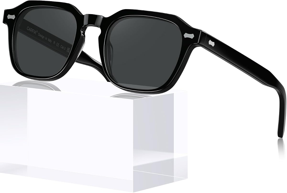 CARFIA Gafas de sol polarizadas de acetato para hombre, tonos cuadrados retro CA5405 | Acetato hecho a mano que no se decolora, antideslumbrante, UV400, lentes inastillables, diseño clásico atemporal, ideal para conducir, regalar
