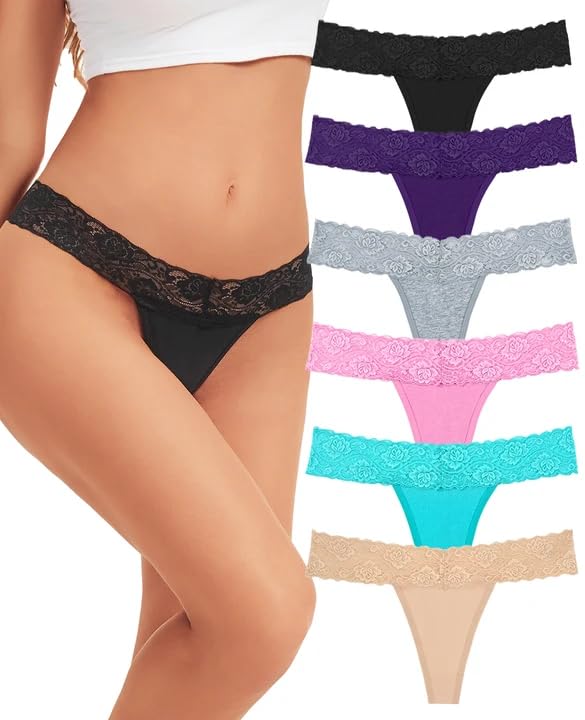 Lace Thongs for Women, Cotton Womens Underwear Pack, Sexy Low Rise T Back Cheeky Panties