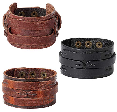 Finrezio 3Pcs Bracelet Manchette en Cuir Bracelet Force Réglable Noir Marron Brun Style Vintage Punk