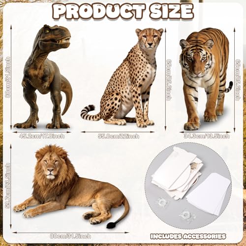 Image of Qunclay 4 Pack Jungle Animals Cardboard Cutout Safari Party Decoration Life Size Dinosaur Lion Tiger Leopard Photo Booth Prop Stand up Display Party Decor for Zoo Wildlife Birthday