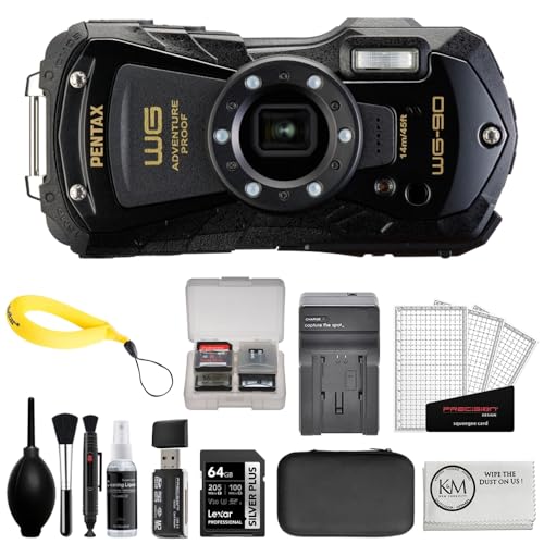 Pentax WG-90 Digital Camera (Black) Bundled with Photo Starter Kit + 64GB Memory Card + Charger + Floating Strap + Microfiber Cleaning Cloth (6 Items)