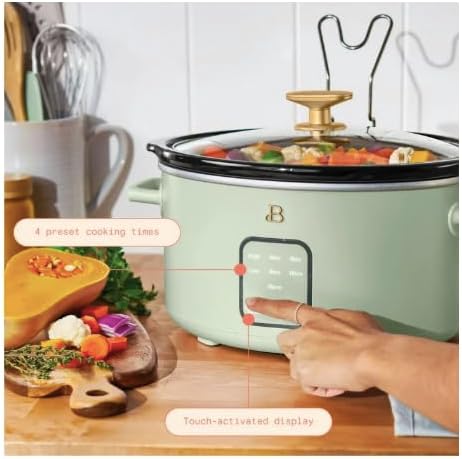 Close-up of the slow cooker's touch-activated display with a finger pressing a button, showing cooking settings and timer.