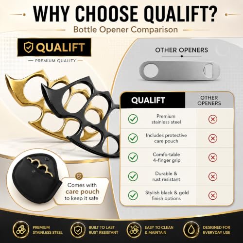 Image of QUALIFT Stainless Steel Bottle Opener - Compact and Lightweight Beer Opener, Cool Gadgets for Men Daily Life, Home, Bar, Kitchen & Travel Camping Tools, Rust-Resistant, Easy to Use (Black)
