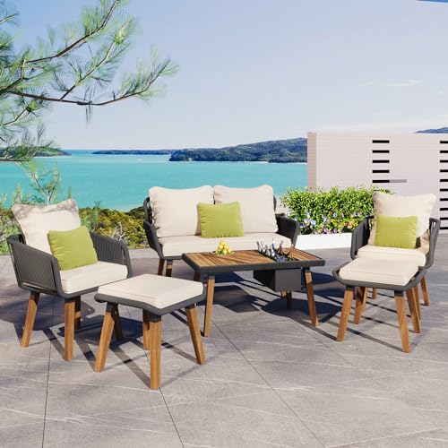 GOWE 6-Piece Rope Patio Furniture Set, Outdoor Furniture with Acacia Wood Cool Bar Table with Ice Bucket, Deep Seat Patio Conversation Set with Two Stools for Backyard Porch Balcony (Black & Beige)