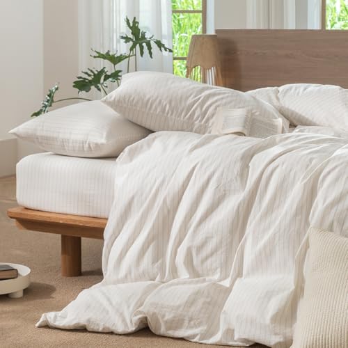 Image of MooMee Striped Duvet Cover Set 100% Washed Cotton Linen Like Twin | Relaxed Linen-like Texture. Soft, Breathable & Long-lasting Comfort. Lightweight. Hidden Zipper with 8 Interior Corner Ties