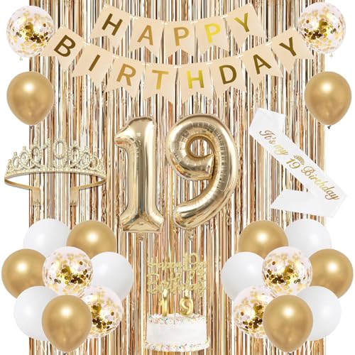 Image of Trgowaul Happy 19th Birthday Decorations for Girls, Banner, Sash and Crown, Cake Topper, 19 Number Balloon, Fringe Curtains, Champagne Gold 19th Birthday Party Supplies