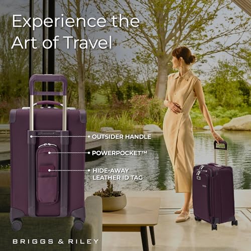 Image of Briggs & Riley Essential 22 inch Carry On Expandable Spinner - Luggage for Travel, Suitcases with Wheels, Softside Rolling Bag for Men & Women, Self-Repairing Zipper - Baseline Collection, Plum
