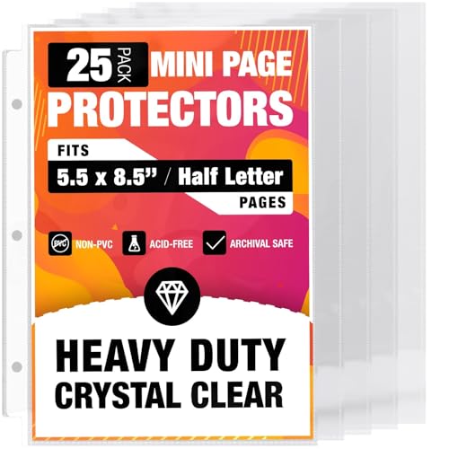Half Letter 8.5x5.5 Pack of 25 Heavy Duty Page Sleeve Protectors for Mini 3-Ring Binders Top Loading Crystal Clear & Archival Safe Refill Sheets Acid-Free & Reinforced Holes