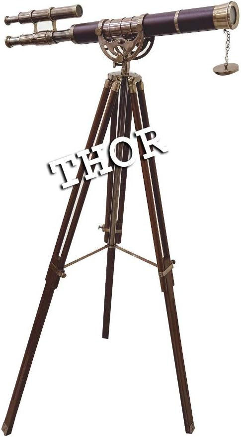 A Vintage Decorative Brass Telescope Brown Leather Single & Double Barrel Antique Tripod Set of 2 Rustic Vintage Home Decor Gifts