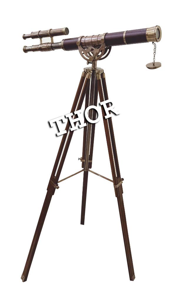 A Vintage Decorative Brass Telescope Brown Leather Single & Double Barrel Antique Tripod Set of 2 Rustic Vintage Home Decor Gifts