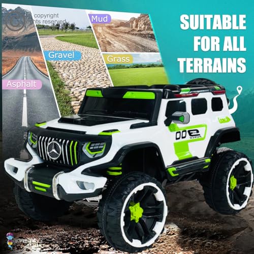 Image of Driving EV Cars for 1, 2, 3, 4, 5, 6 Years | Remote + Steering + Mobile App Control | Kids Jeeps (Big Size Jeep [2-10 Years], White /Green)