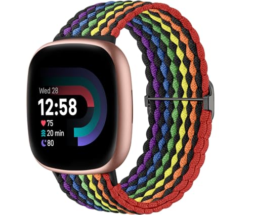 Braided Stretchy Band Compatible with Fitbit Sense Band/Sense 2/Versa 4/ Versa 3 Bands Women Men, Soft Nylon Elastic Accessories, Strap for Fitbit Sense/Sense 2/ Versa 4/ Versa 3 Watch, Rainbow
