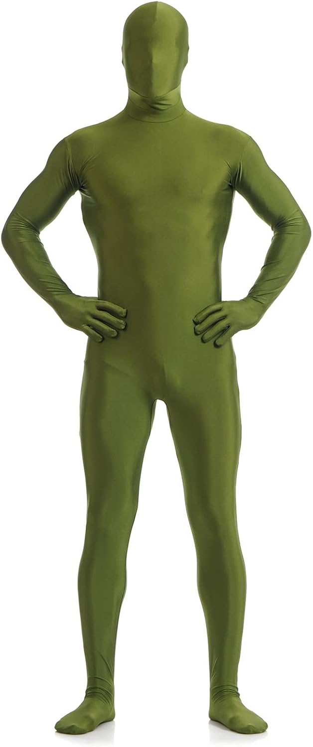 Men's Green Full Body Unitard with Mask Long Sleeve Zipper Back Jumpsuit One Piece Bodysuit Second Skin Dancewear, Army green, 3XL/195-200cm