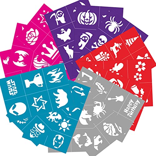 Temporäre Tattoo-Schablonen, 100PCS Groß Glitzer Tattoo Schablonen für Gesicht Körper- Wiederverwendbare Kinderschminke Schminkschablonen für Kinder Mädchen, Weihnachten, Halloween, Schule, Geburtstag Cover