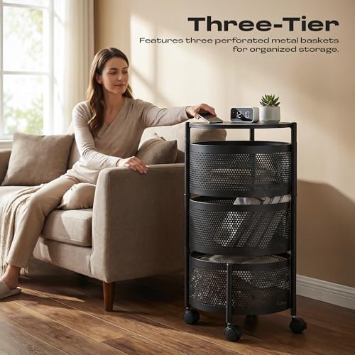 Image of Metal Multi-Purpose Trolley Kitchen Storage Organizer Rack Stand with 360 Wheels | 3 Layer Round Design | Kitchen Accessories Items for Fruit Vegetable Onion Rack for Kitchen (Black)