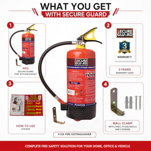 Image of Secure Guard ABC Powder Type 4 Kg Fire Extinguisher Red Fire Extinguisher ISI Mark with Wall Mount Hook and How to use Instruction Manual for Home, Kitchen, Office, School and Industrial Use